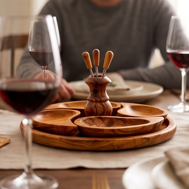 Plateau de service apéritif artisanal en bois d'olivier à 4 compartiments | 21 cm