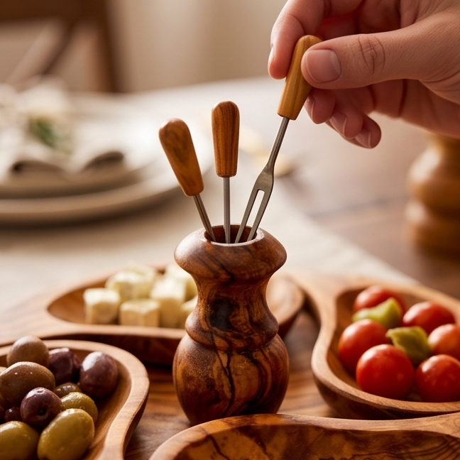 Plateau de service apéritif artisanal en bois d'olivier à 4 compartiments | 21 cm