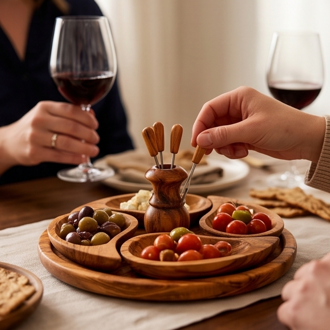 Plateau de service apéritif artisanal en bois d'olivier à 4 compartiments | 21 cm