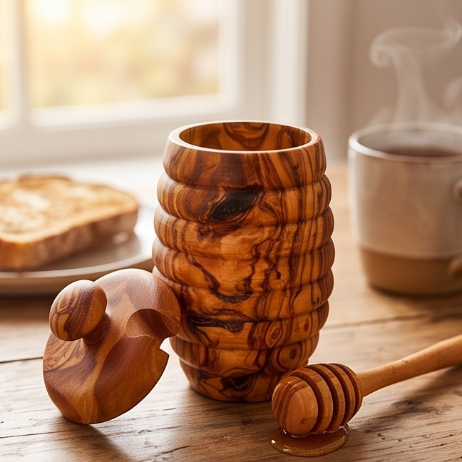 Pot à miel artisanal en bois d'olivier en forme de ruche avec cuillère à miel | 7x13 cm