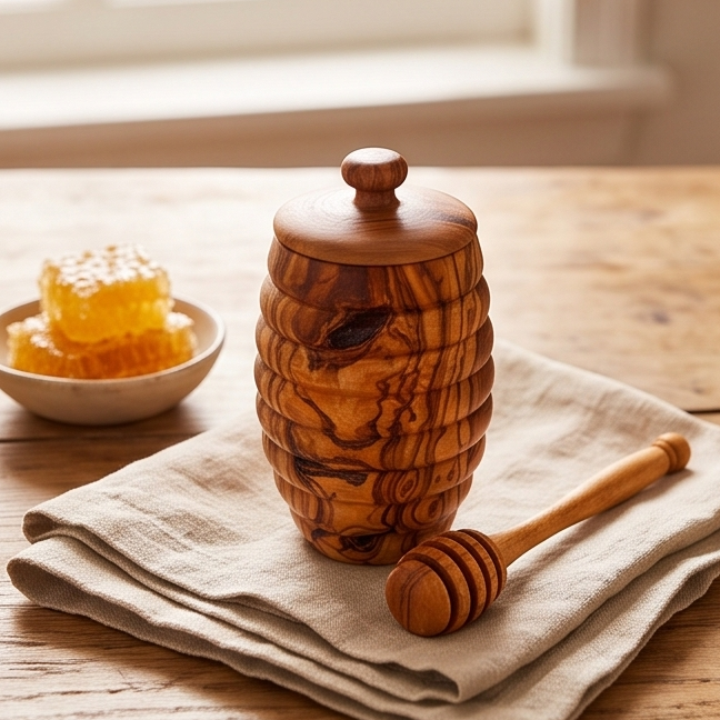 Pot à miel artisanal en bois d'olivier en forme de ruche avec cuillère à miel | 7x13 cm