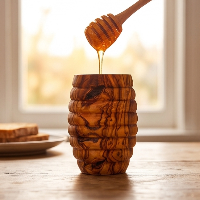 Pot à miel artisanal en bois d'olivier en forme de ruche avec cuillère à miel | 7x13 cm