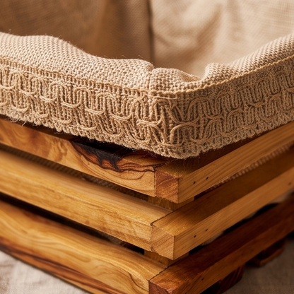 Panier à pain artisanal en bois d'olivier avec doublure en tissu amovible | Plateau rustique