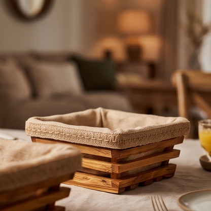 Panier à pain artisanal en bois d'olivier avec doublure en tissu amovible | Plateau rustique