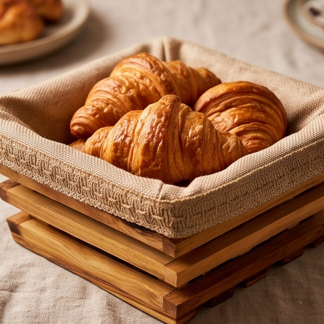 Panier à pain artisanal en bois d'olivier avec doublure en tissu amovible | Plateau rustique