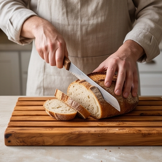 Handcrafted Olive Wood Bread Cutting Board with Crumb Catcher | 32x20 cm
