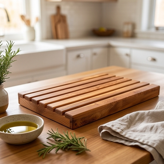 Handcrafted Olive Wood Bread Cutting Board with Crumb Catcher | 32x20 cm