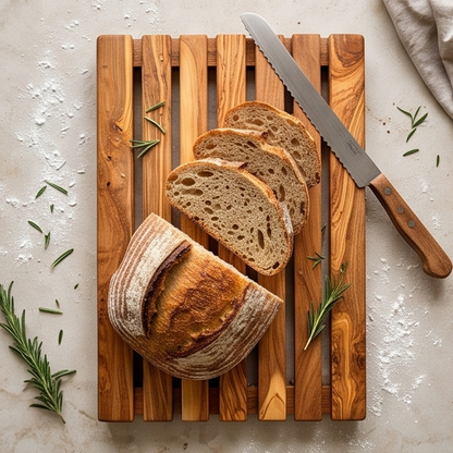 Planche à découper à pain artisanale en bois d'olivier avec ramasse-miettes | 32x20 cm
