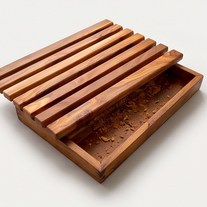 Planche à découper à pain artisanale en bois d'olivier avec ramasse-miettes | 32x20 cm