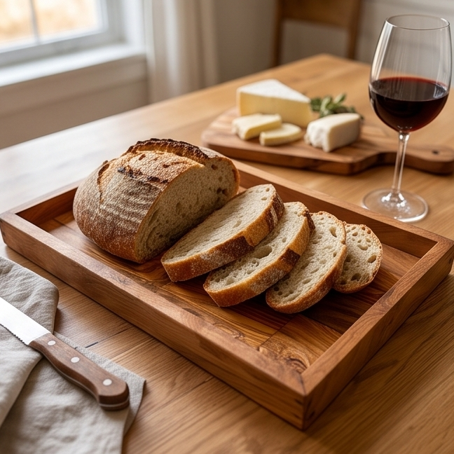 Planche à découper à pain artisanale en bois d'olivier avec ramasse-miettes | 32x20 cm