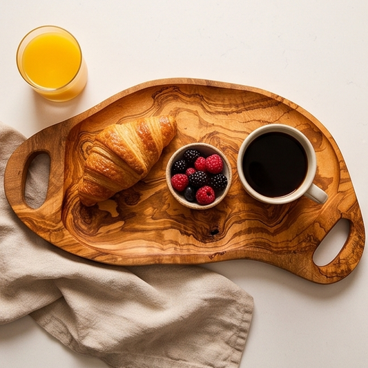 Handcrafted Irregular Olive Wood Serving Tray with Handles | Live Edge Platter