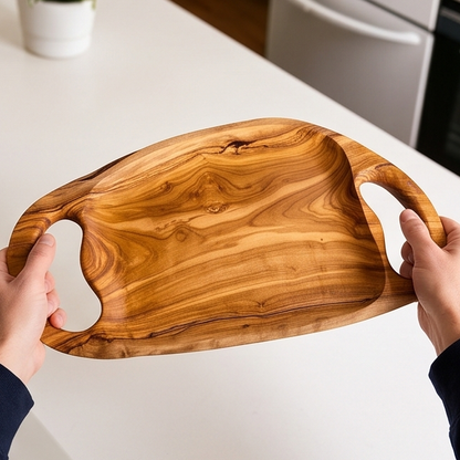 Plateau de service artisanal irrégulier en bois d'olivier avec poignées | Plat à bord brut