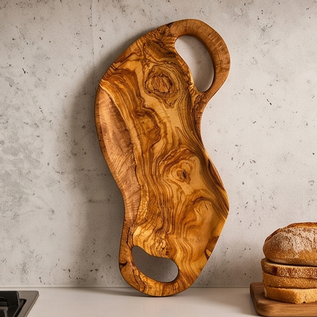 Plateau de service artisanal irrégulier en bois d'olivier avec poignées | Plat à bord brut
