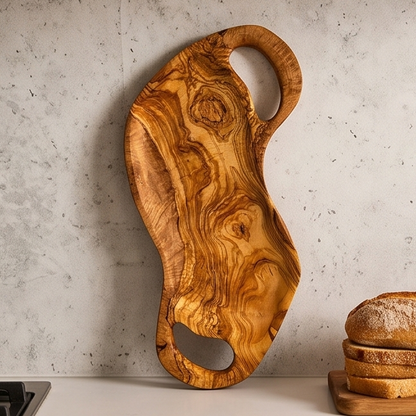 Plateau de service artisanal irrégulier en bois d'olivier avec poignées | Plat à bord brut