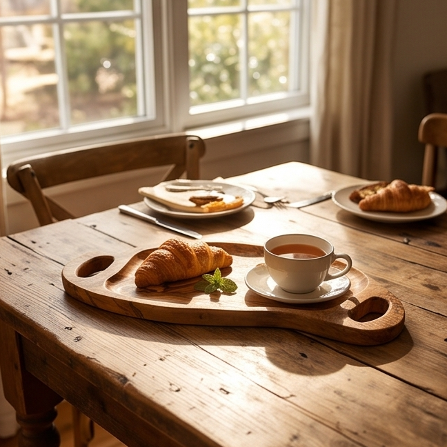 Plateau de service artisanal irrégulier en bois d'olivier avec poignées | Plat à bord brut