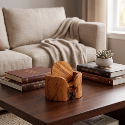 Ensemble de dessous de verre en bois d'olivier avec support | Sous-verres rustiques pour table basse