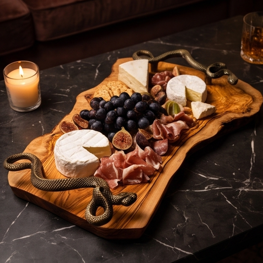 hand made olive wood tray with Snake shaped handle