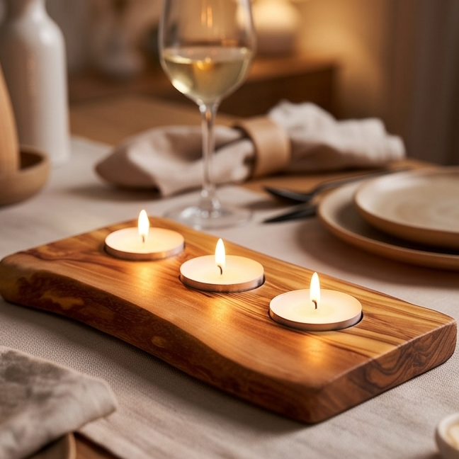 Bougeoir plat pour bougie chauffe-plat en bois d'olivier | Différentes tailles