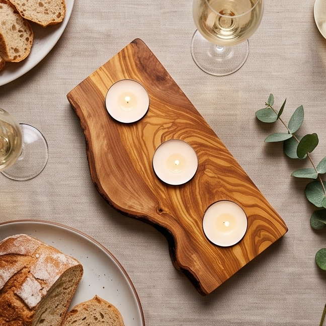 Bougeoir plat pour bougie chauffe-plat en bois d'olivier | Différentes tailles