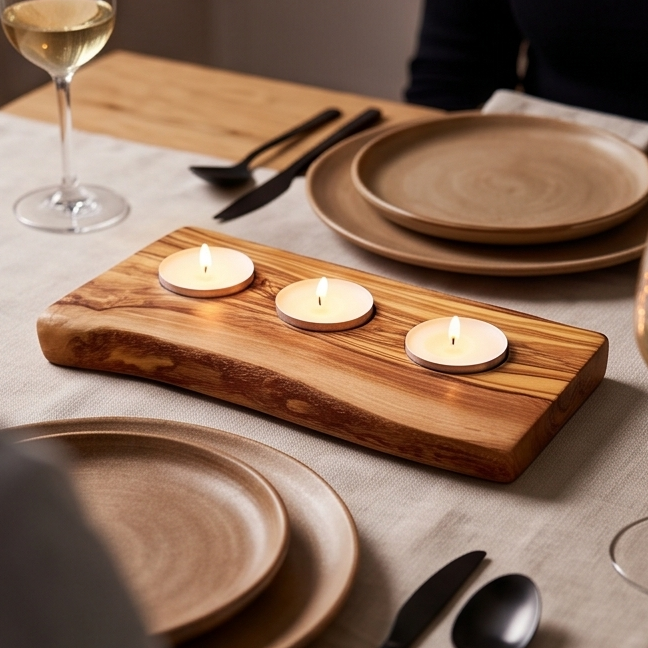 Bougeoir plat pour bougie chauffe-plat en bois d'olivier | Différentes tailles