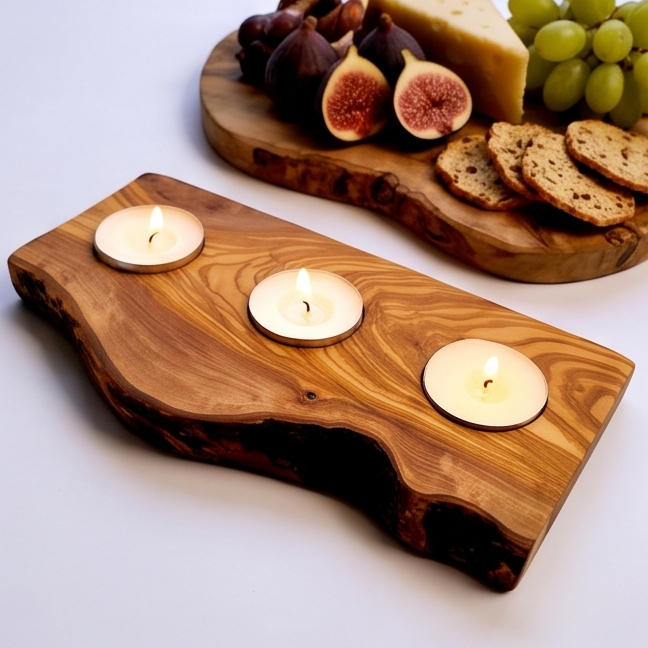 Bougeoir plat en bois d'olivier pour bougie chauffe-plat | Différentes tailles