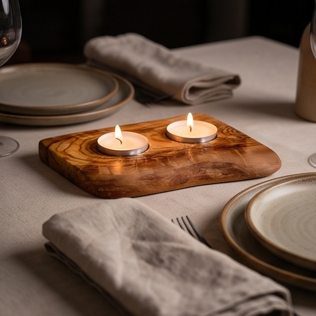 Bougeoir plat pour bougie chauffe-plat en bois d'olivier | Différentes tailles