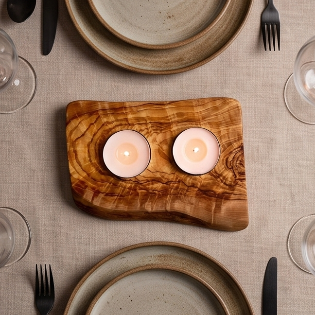 Bougeoir plat pour bougie chauffe-plat en bois d'olivier | Différentes tailles
