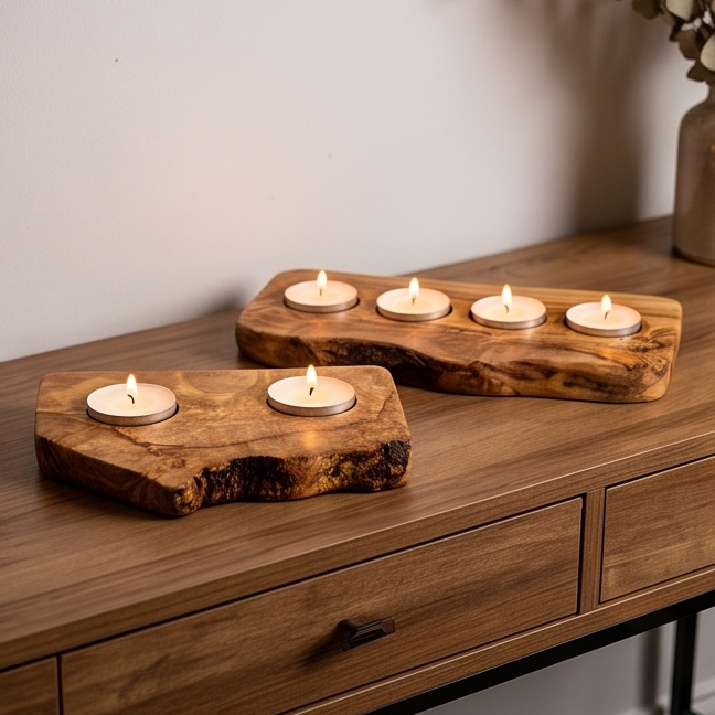 Bougeoir plat pour bougie chauffe-plat en bois d'olivier | Différentes tailles
