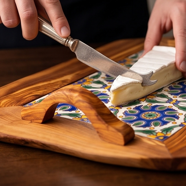Plateau rustique en céramique et bois d'olivier avec poignée, plateau de service, naturel, fait main, cadeau