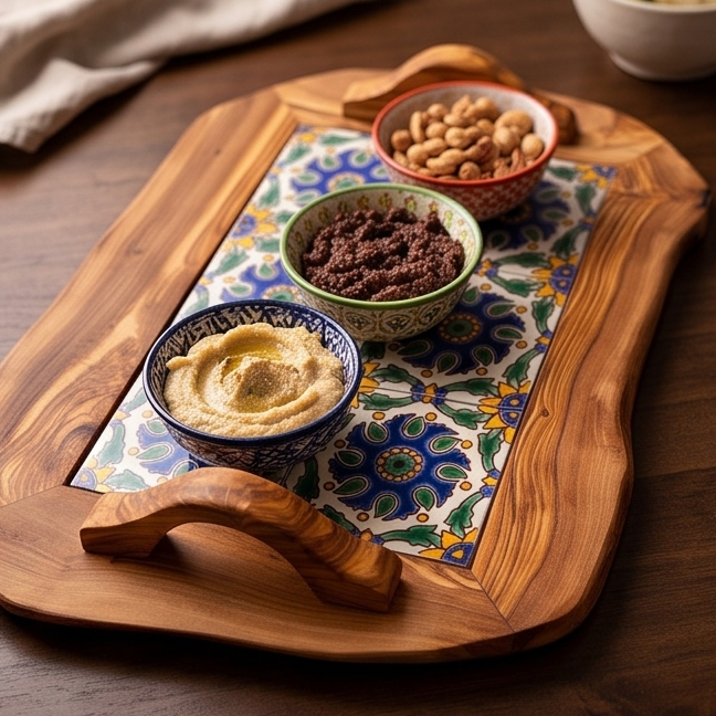 Plateau rustique en céramique et bois d'olivier avec poignée, plateau de service, naturel, fait main, cadeau
