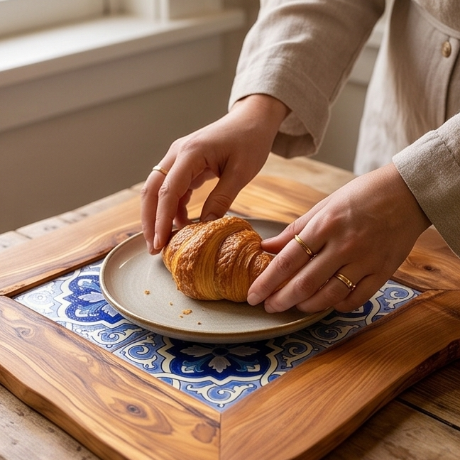 Plateau de service rustique en bois d'olivier et céramique, taille moyenne, naturel, fait main, cadeau