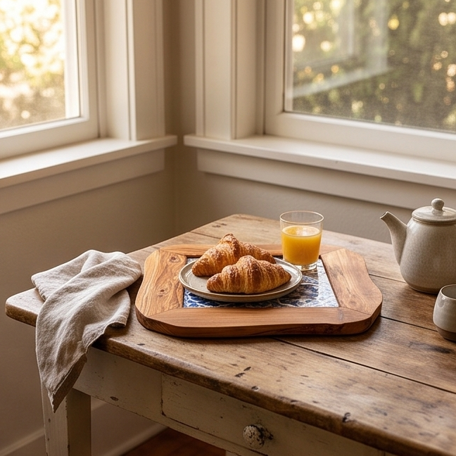 Plateau de service rustique en bois d'olivier et céramique, taille moyenne, naturel, fait main, cadeau