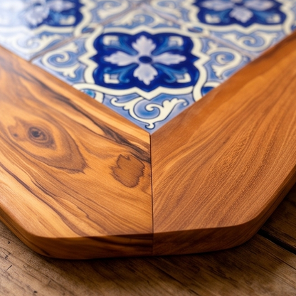 Plateau de service rustique en bois d'olivier et céramique, taille moyenne, naturel, fait main, cadeau