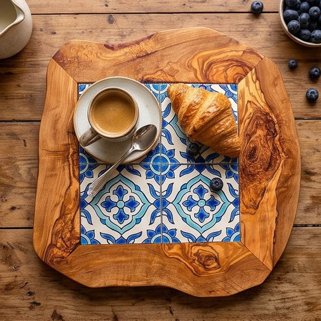 Plateau de service rustique en bois d'olivier et céramique, taille moyenne, naturel, fait main, cadeau