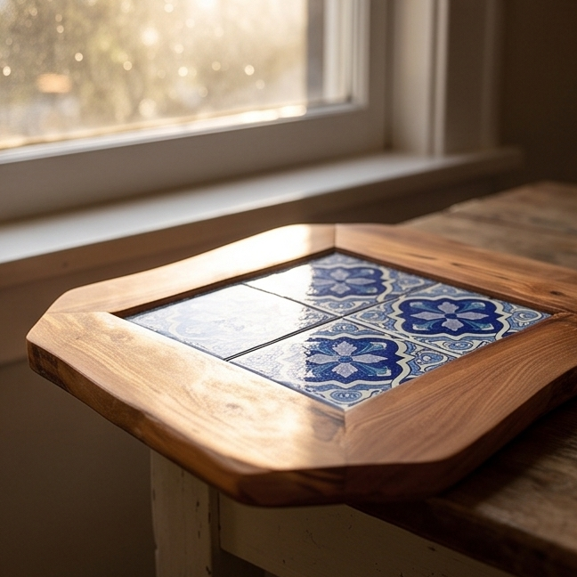 Plateau de service rustique en bois d'olivier et céramique, taille moyenne, naturel, fait main, cadeau
