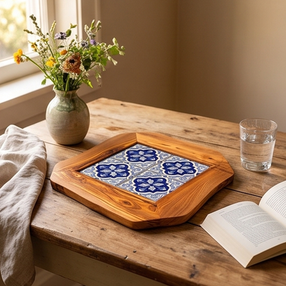 Plateau de service rustique en bois d'olivier et céramique, taille moyenne, naturel, fait main, cadeau