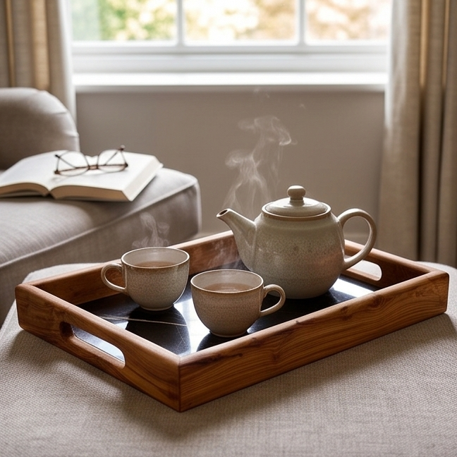 Plateau rectangulaire en bois d'olivier effet marbre avec poignée