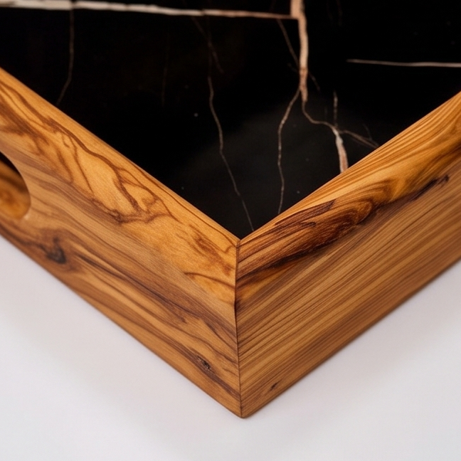 Plateau rectangulaire en bois d'olivier effet marbre avec poignée