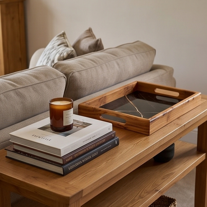 Plateau rectangulaire en bois d'olivier effet marbre avec poignée