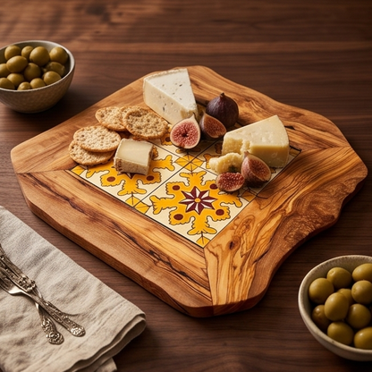 Plateau rustique en céramique et bois d'olivier, plateau de service, naturel, fait main, cadeau