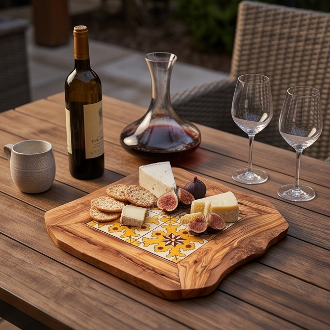 Plateau rustique en céramique et bois d'olivier, plateau de service, naturel, fait main, cadeau