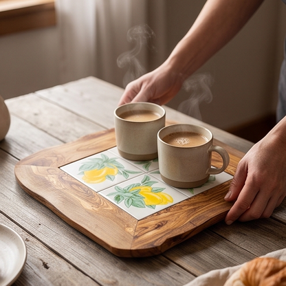 Plateau de service rustique en bois d'olivier et céramique, taille moyenne, naturel, fait main, cadeau