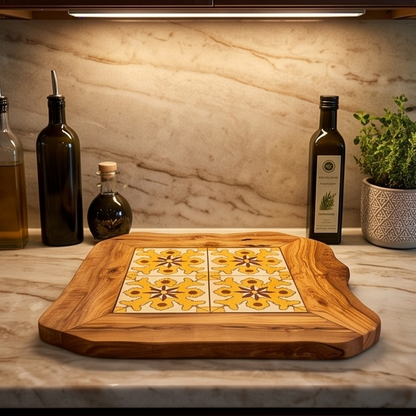 Plateau rustique en céramique et bois d'olivier, plateau de service, naturel, fait main, cadeau