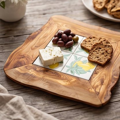 Plateau de service rustique en bois d'olivier et céramique, taille moyenne, naturel, fait main, cadeau