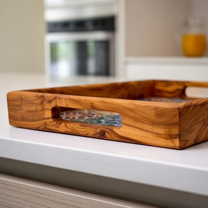 Plateau rectangulaire en bois d'olivier et céramique avec poignée 40 cm * 25 cm