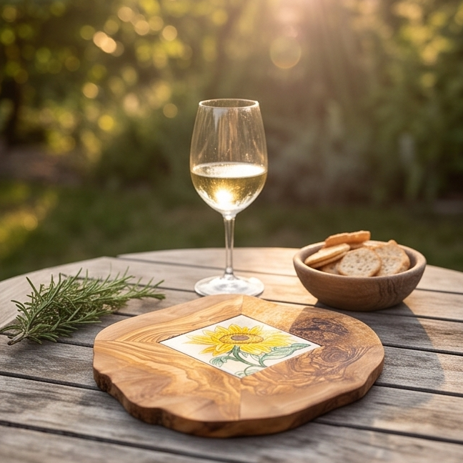 Petit plateau de service rustique en bois d'olivier et céramique pour restaurant