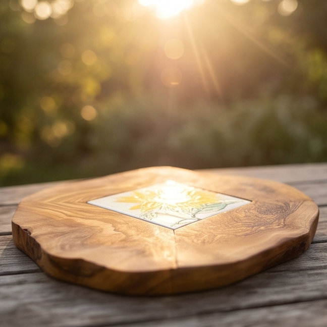 Petit plateau de service rustique en bois d'olivier et céramique pour restaurant