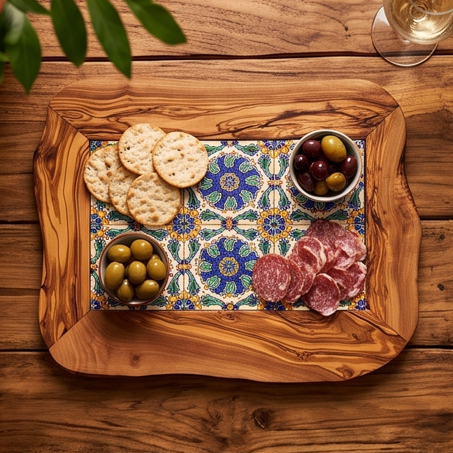 Plateau rustique en céramique et bois d'olivier avec poignée, plateau de service, naturel, fait main, cadeau
