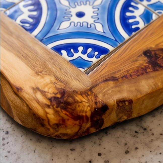 Plateau en céramique et bois d'olivier rustique moyen 15 cm
