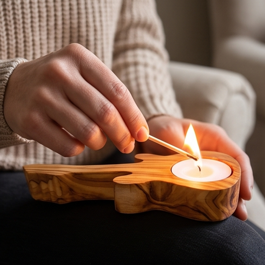 Handcrafted Olive Wood Guitar Candle Holder (15 cm) – Unique Music Gift
